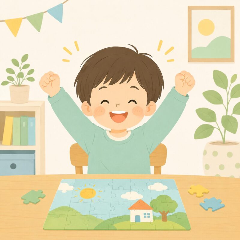 パズルが完成してガッツポーズする子ども