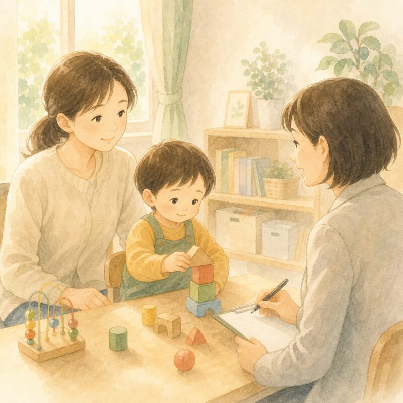発達相談の場で保護者と子どもが安心して過ごすやさしいイラスト