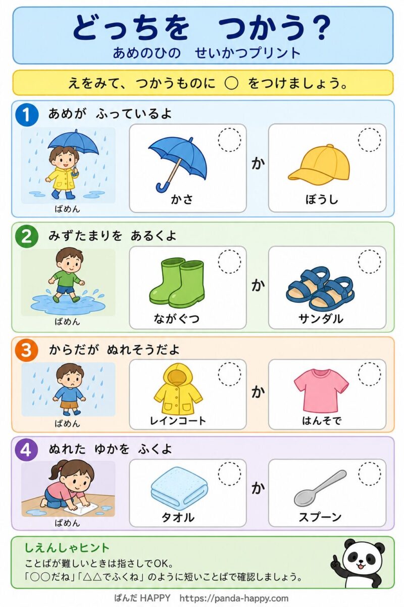 どっちをつかう？あめのひのせいかつプリント