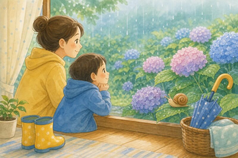 梅雨の雨とあじさいを親子で楽しむやさしいイラスト