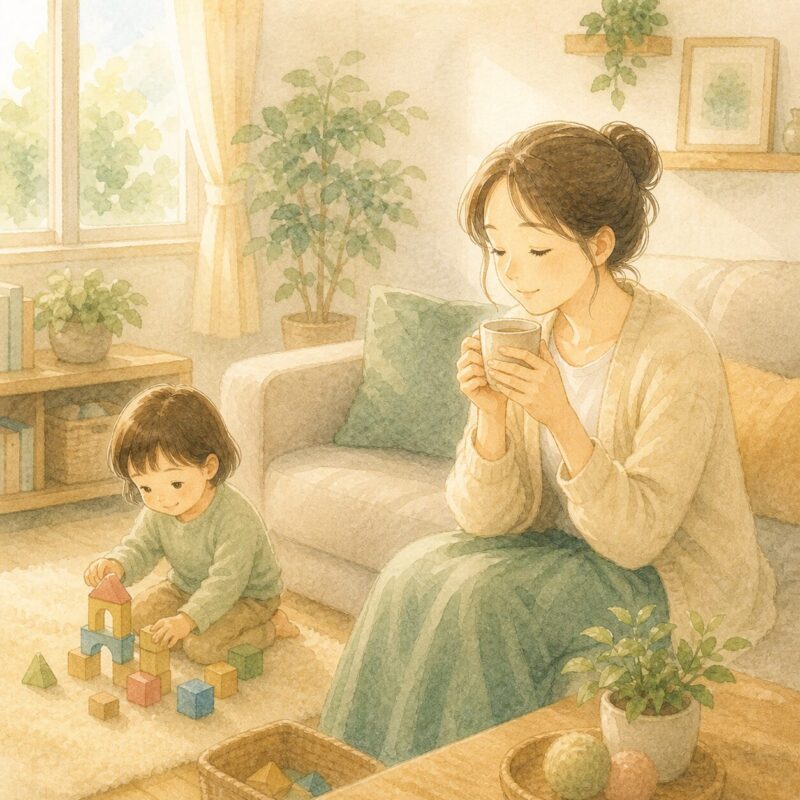 保護者が温かい飲み物で一息つき子どもが穏やかに遊ぶやさしいイラスト
