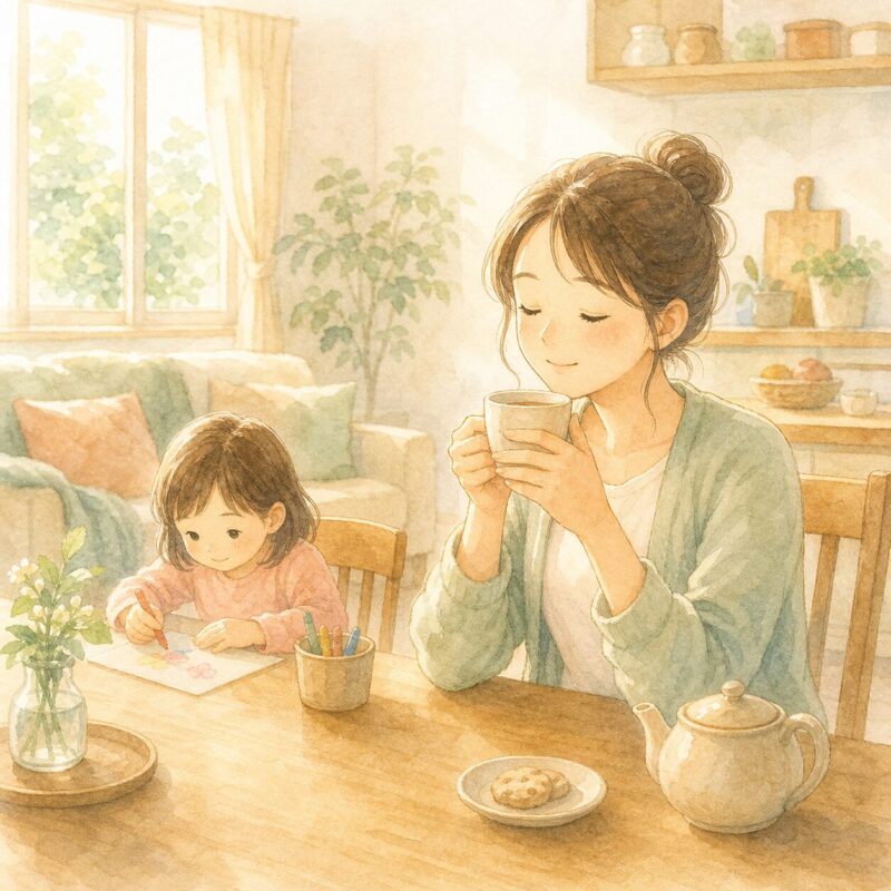 保護者が温かい飲み物で一息つき子どもがそばで過ごすやさしいイラスト