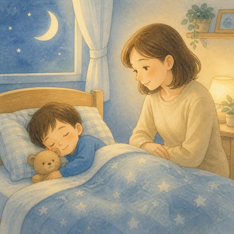 子どもが安心して眠るそばで保護者が見守るやさしいイラスト