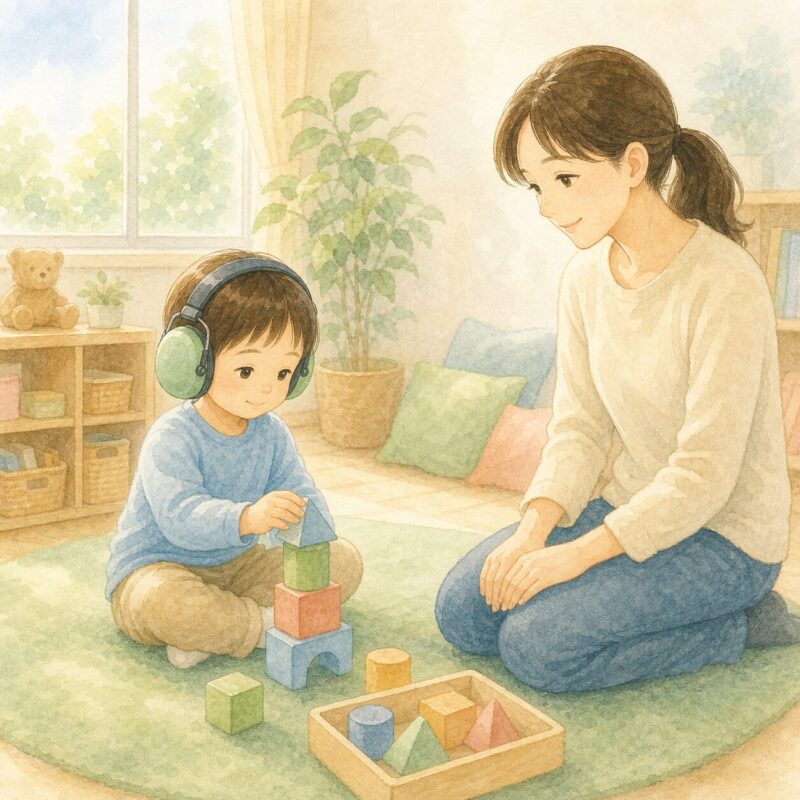 イヤーマフをつけた子どもが安心して遊ぶやさしいイラスト
