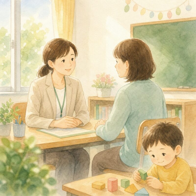 先生と保護者が落ち着いて話し合うやさしいイラスト