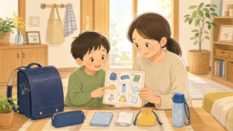 持ち物カードを見ながら学校の準備をする子どもと保護者