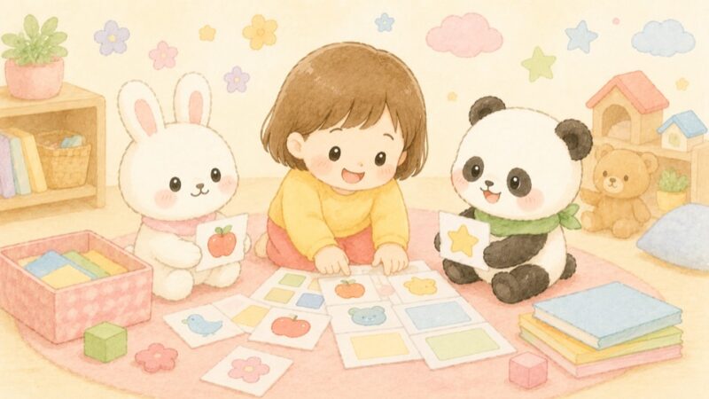 ぬいぐるみと一緒にカード教材で遊ぶ子どものやさしいイラスト