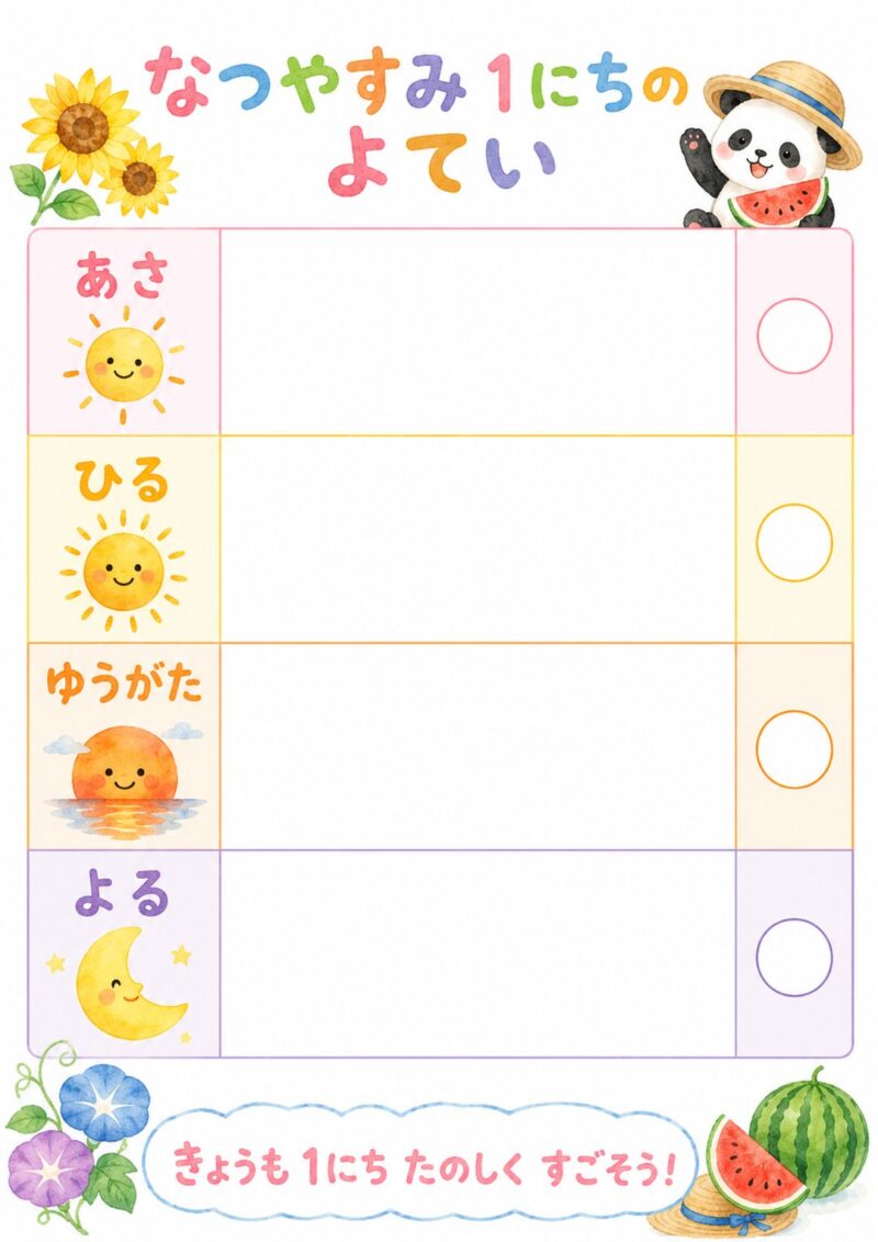 なつやすみ1にちのよてい(あさ・ひる・ゆうがた・よるの見通し表)