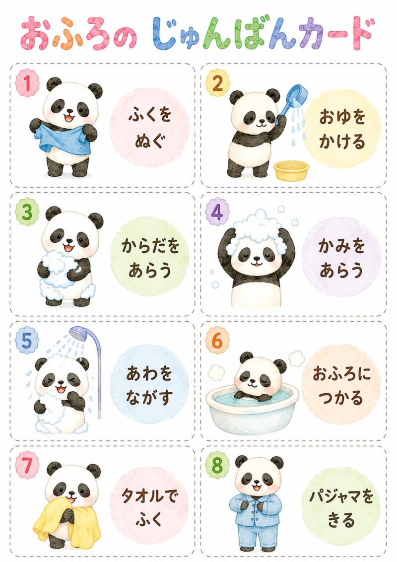 おふろのじゅんばんカード(8ステップの切り取り式カード)