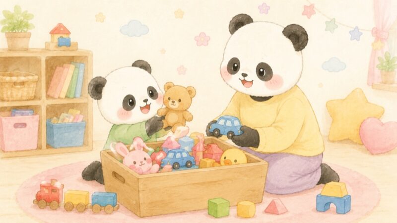 おもちゃ箱を前に、ぱんだの親子がおもちゃを選んでいるやさしいイラスト