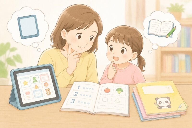 タブレット教材と紙の教材を前に、親子で考えているイラスト