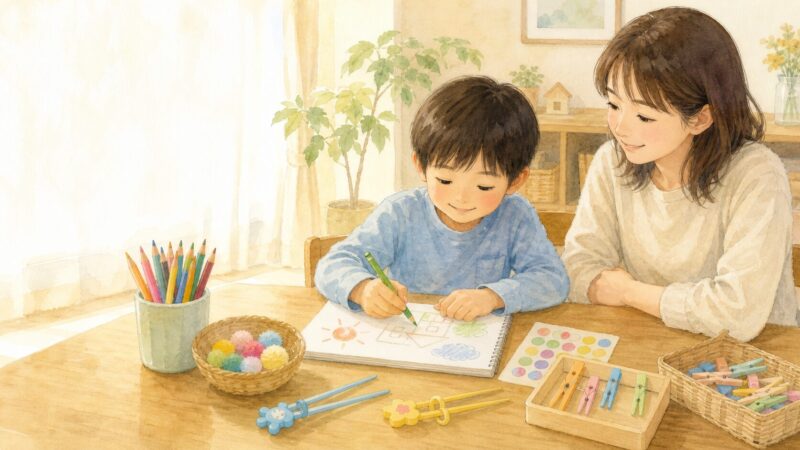 鉛筆やお箸の練習を遊びながら行う子どもと見守る保護者
