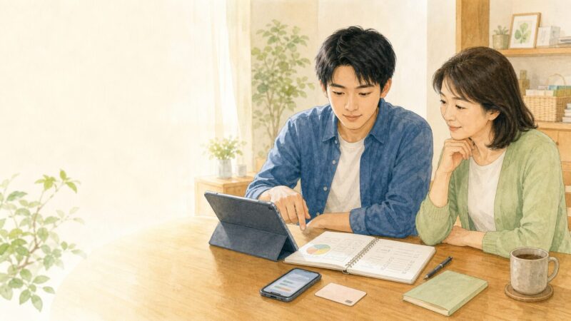 お金の管理方法を親子で一緒に確認する若い社会人