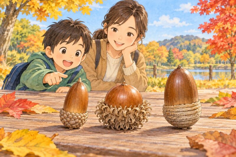 秋の公園で、帽子の模様が違うどんぐりを親子で見比べるイラスト