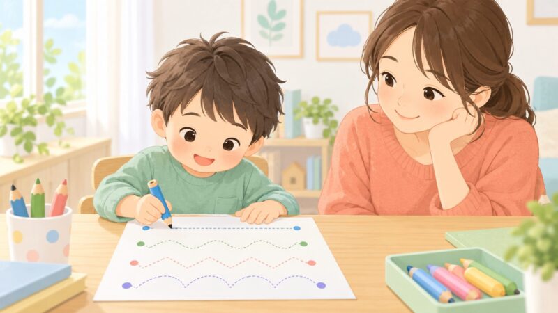 線なぞりプリントに取り組む子どもと見守る保護者