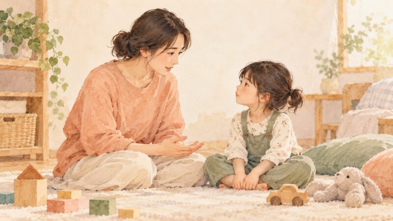 落ち着いて子どもと話し直す親の、やさしい水彩イラスト